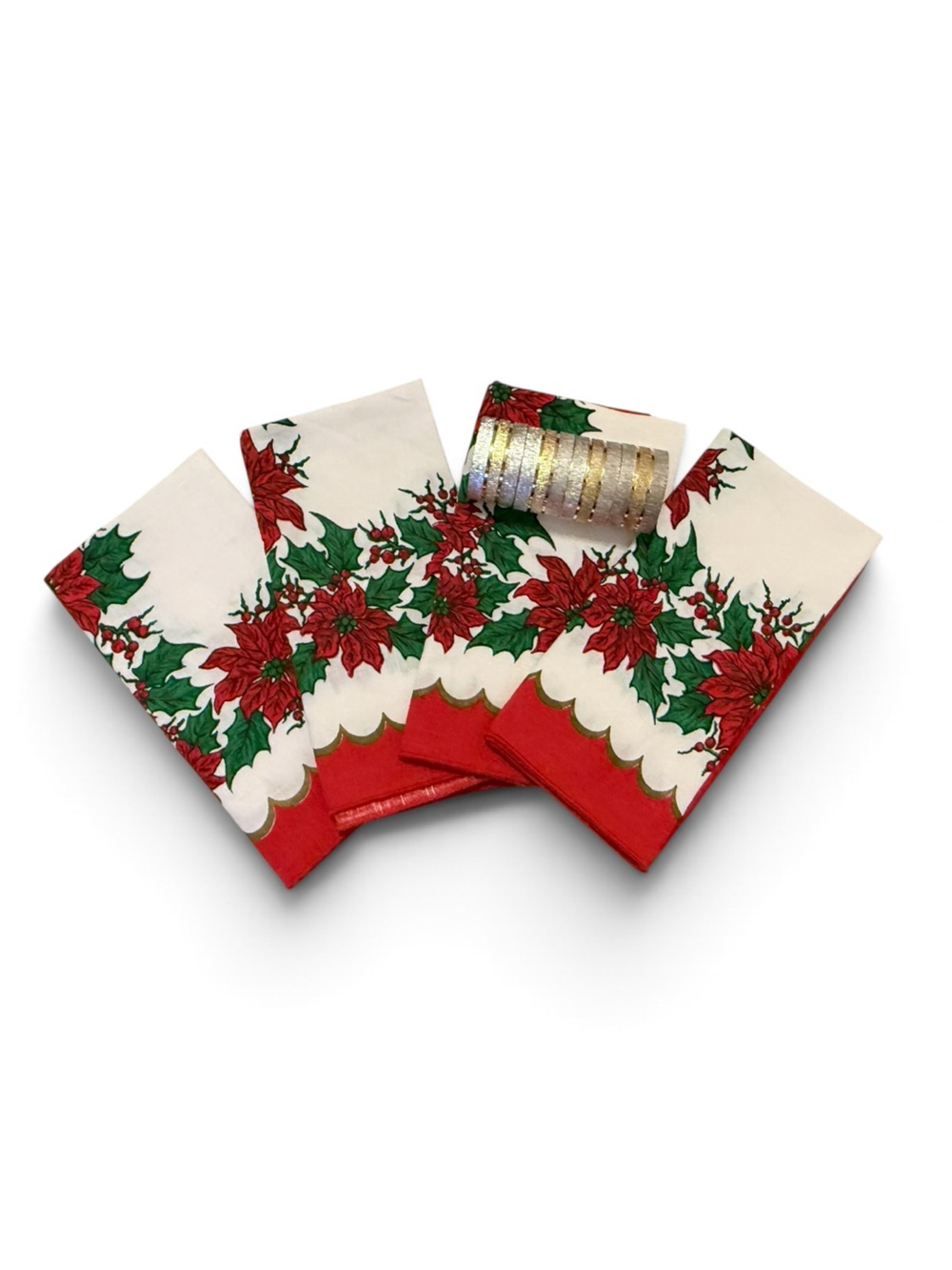 Vintage Poinsettia Holiday Cloth Napkins with NIB Napkin Rings in Gold & Silver - Picture 5 of 14